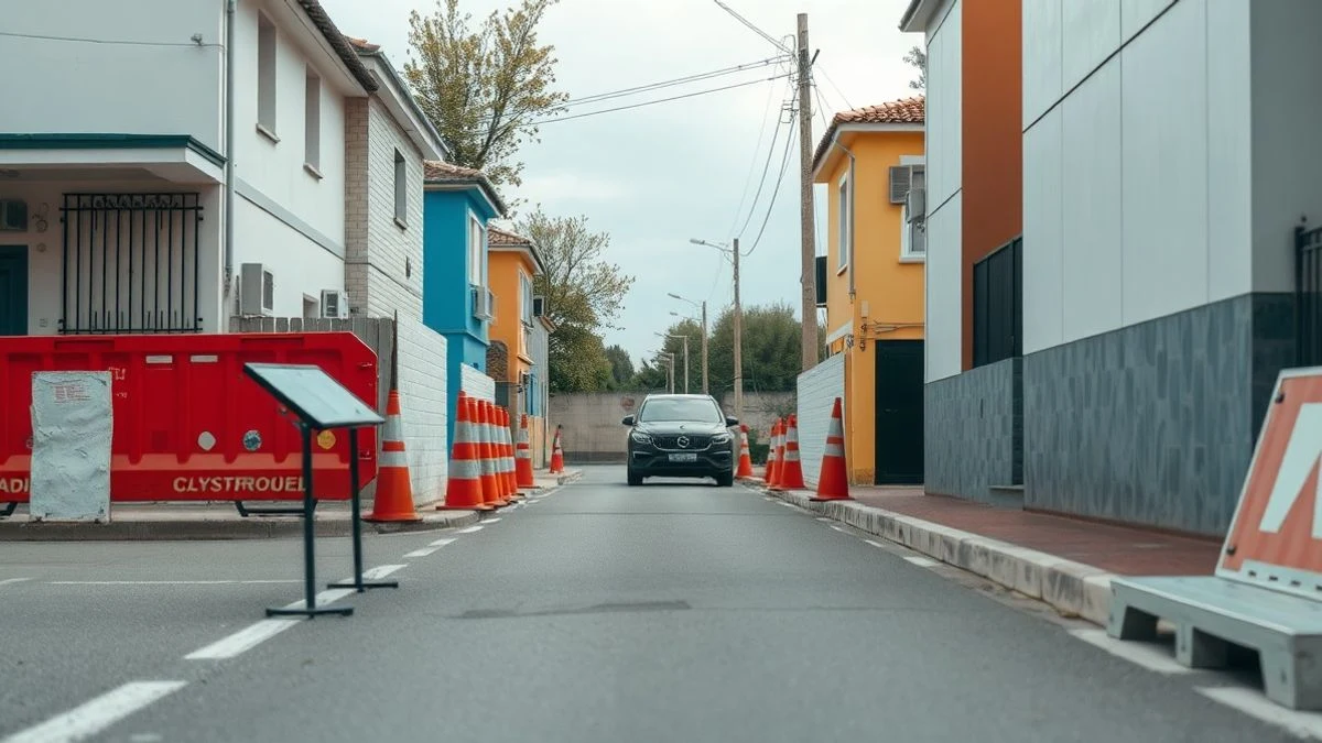 Imagen ilustrativa: una calle residencial española con obras de pavimentación y vallas de seguridad, bajo un cielo nublado.