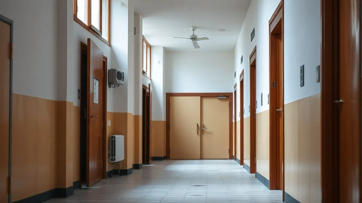 Imagen ilustrativa: pasillo de un colegio con puertas nuevas y suelo recién colocado, con luz natural entrando por las ventanas.