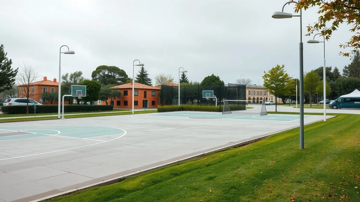 Imagen ilustrativa: un parque renovado con una pista multideporte y césped recién plantado, sin personas visibles