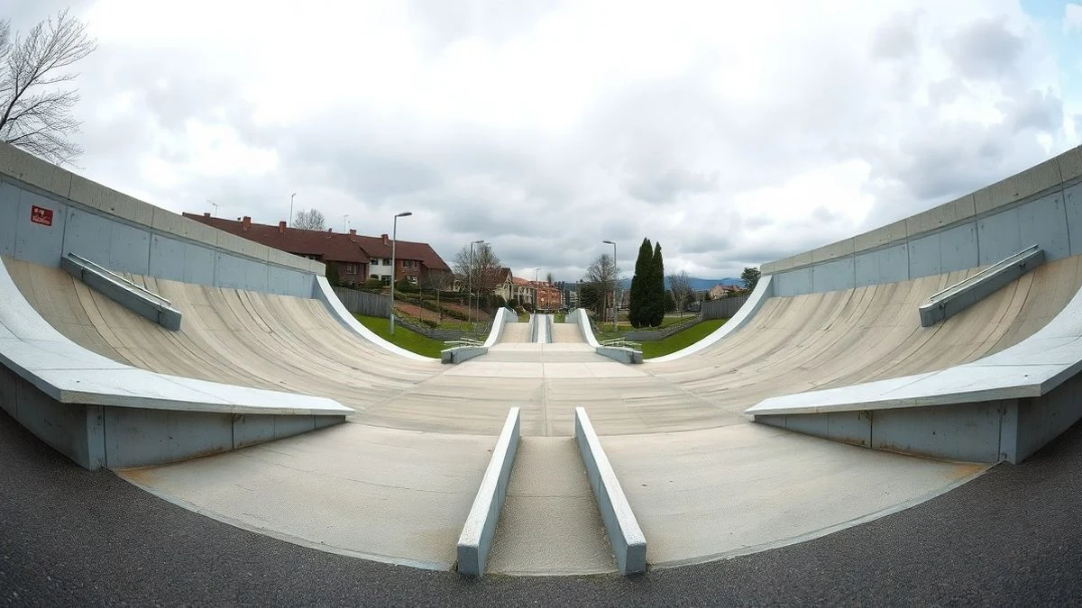 Illustrative image: an outdoor skatepark and pump track with concrete curves, empty and without people, on a cloudy day.