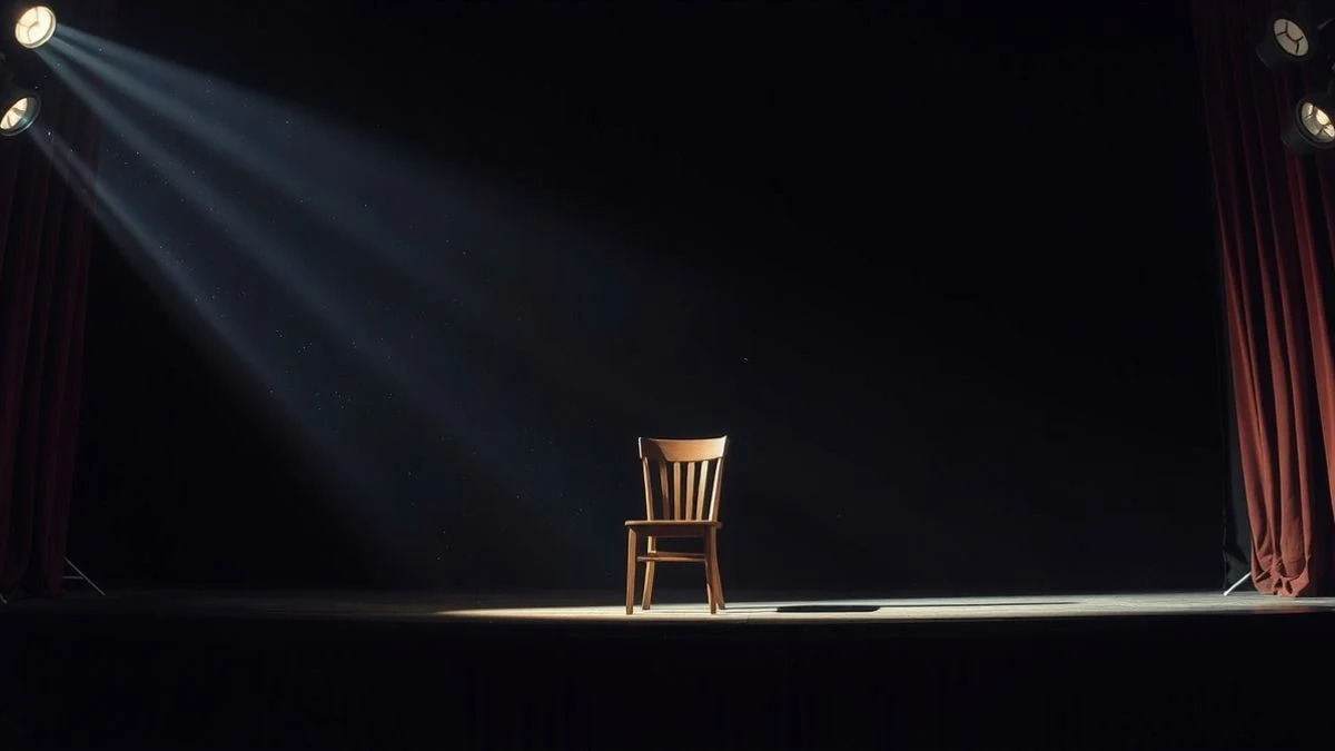 Imagen ilustrativa: un escenario vacío con una silla y un haz de luz, ambiente teatral.