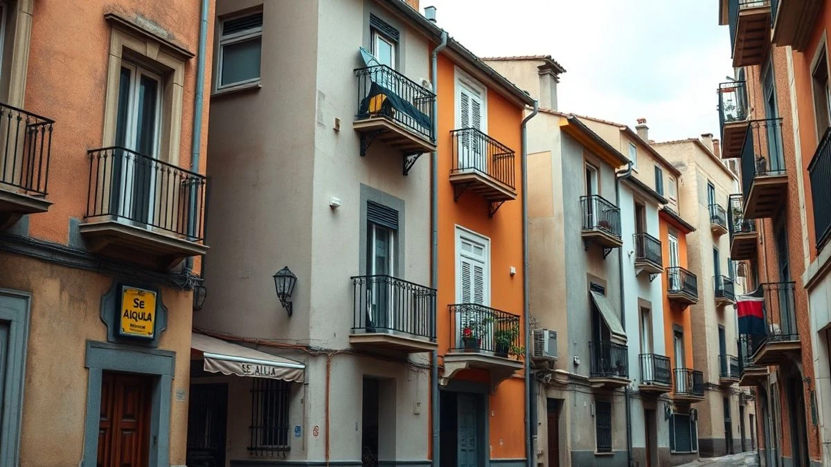 Imagen ilustrativa: edificios de viviendas con balcones en una calle española, algunos con carteles de alquiler.