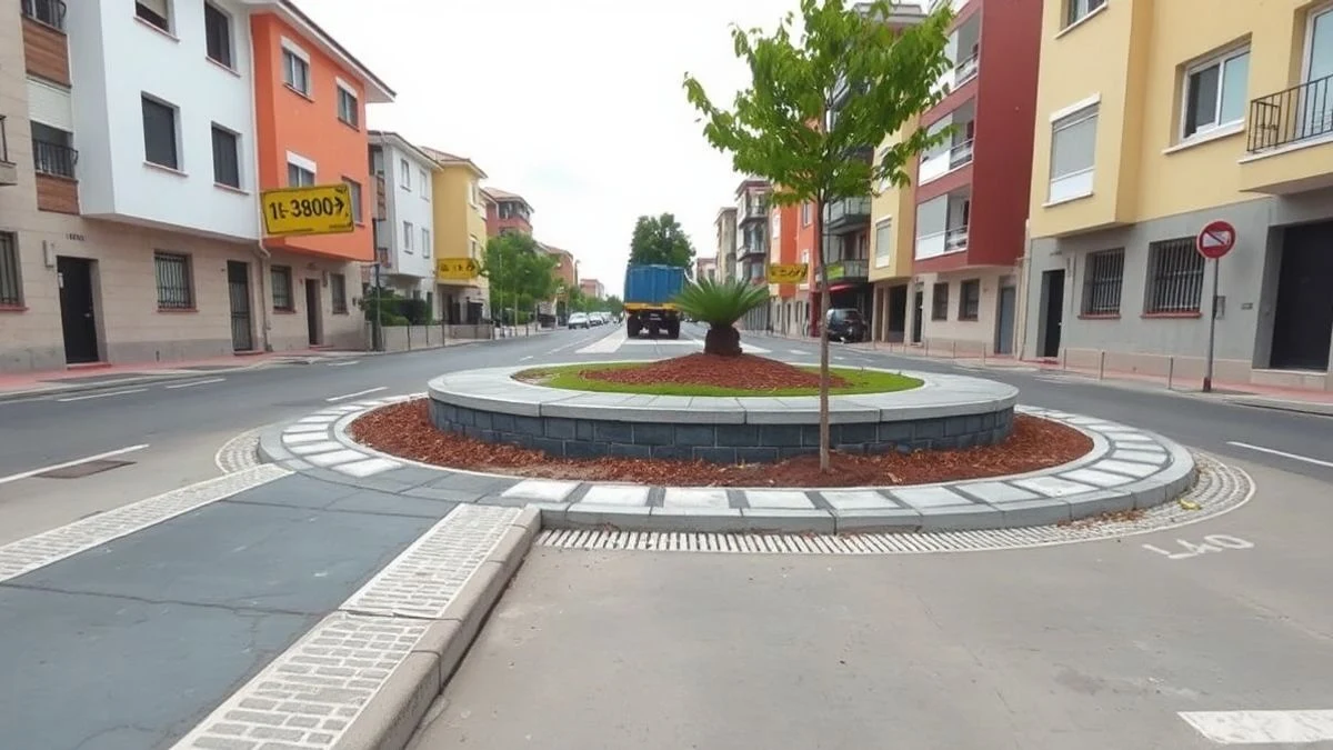 Imagen ilustrativa: calle residencial con acera en obras y una glorieta ajardinada al fondo.