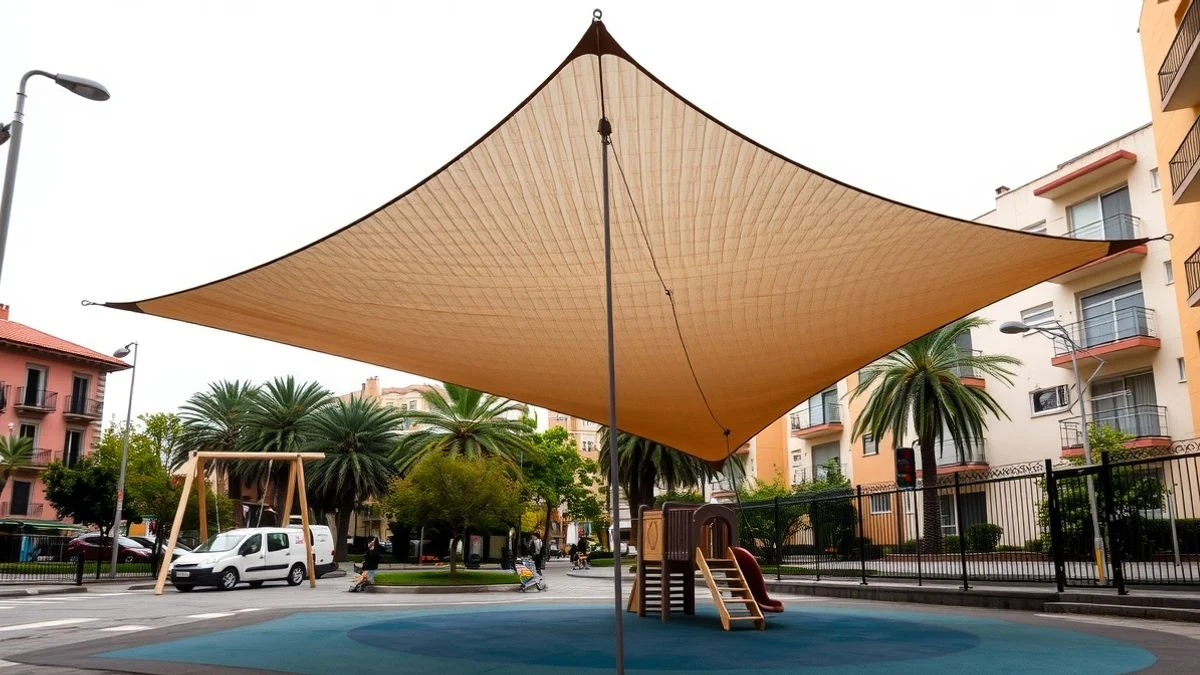 Illustrative image: a children's park with a triangular shade canopy over the swings on a cloudy day