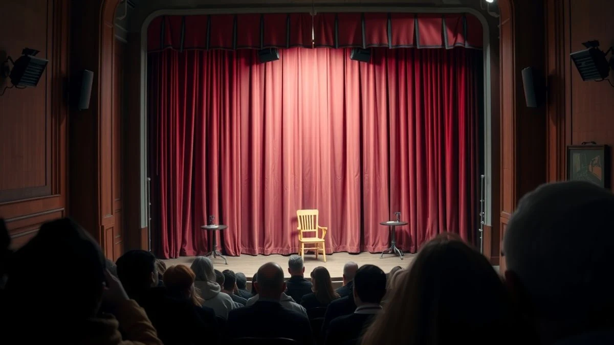Illustrative image: empty theatre stage with spotlight and wooden chair, red curtain