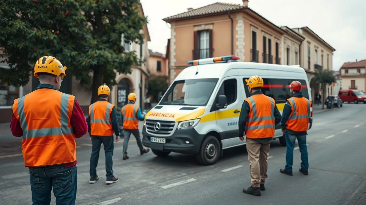 Imagen ilustrativa: un vehículo de emergencias en una plaza de un pueblo, con equipo de protección civil, sin personas visibles