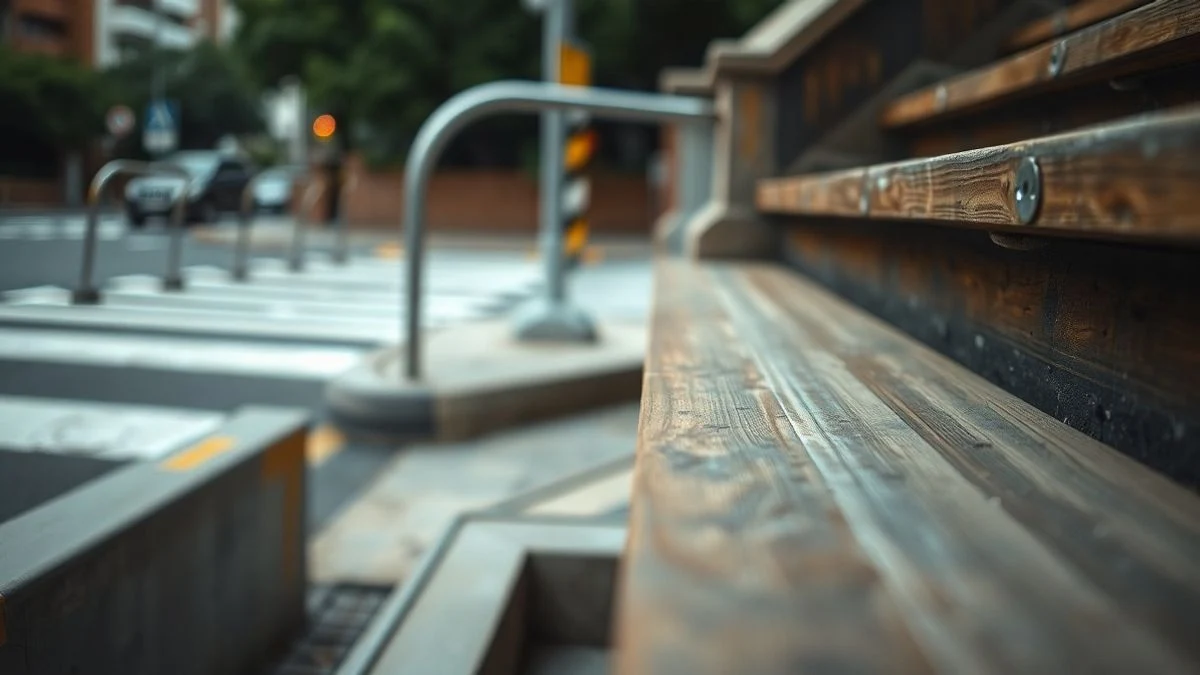 Imagen ilustrativa: escalera exterior en obras con barandilla metálica y bordillo de hormigón, al aire libre.