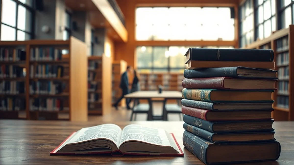 Illustrative image: a stack of colourful books on a wooden table in a bright library, with shelves in the background and natural light coming through the windows.