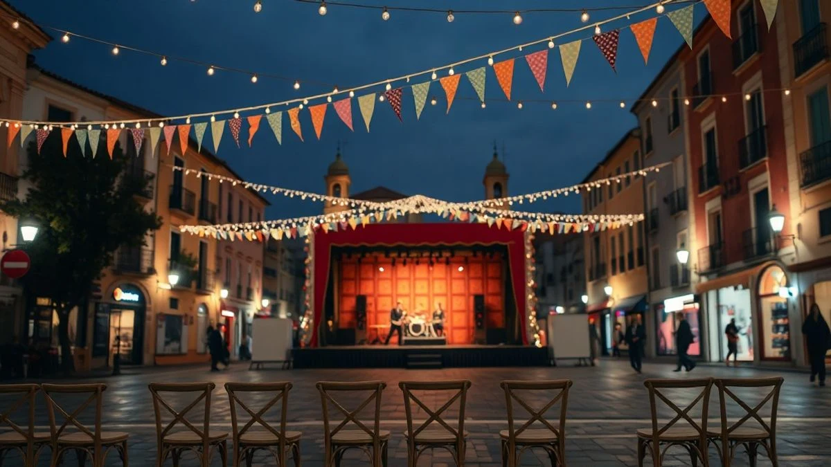 Imagen ilustrativa: plaza española engalanada con luces y un escenario vacío durante unas fiestas populares.
