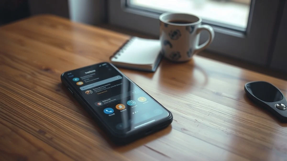 Imagen ilustrativa: un teléfono móvil sobre una mesa de madera junto a una libreta y una taza de café, con la pantalla mostrando un feed de redes sociales borroso.