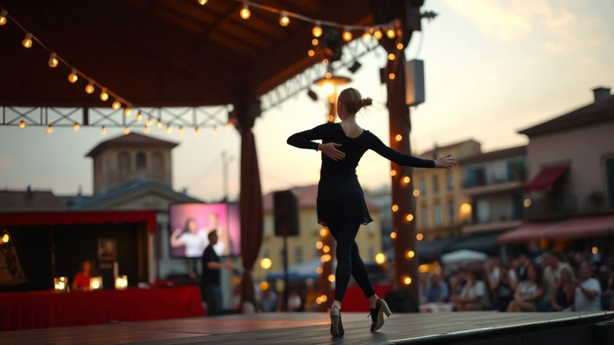 Illustrative image: an outdoor stage with warm lights and a silhouette of a dancer in motion, with no recognizable faces.