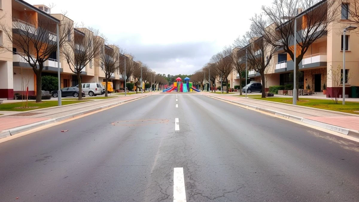 Illustrative image: a boulevard with new sidewalks and a playground in the background on a cloudy day