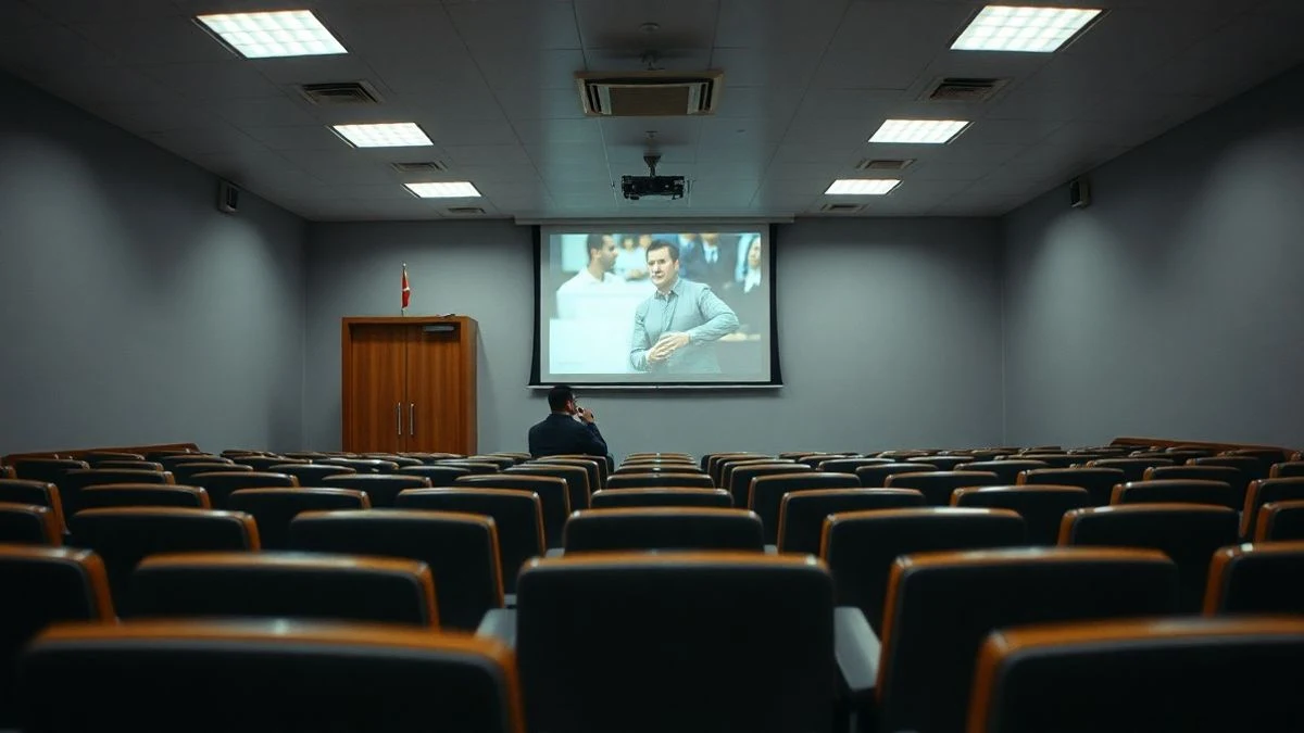 Imagen ilustrativa: un aula universitaria vacía con sillas y un atril, sin personas visibles.