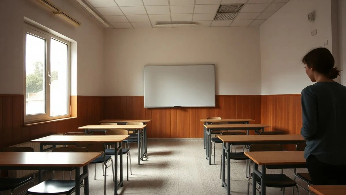 Illustrative image: empty classroom with desks and a blackboard lit by natural light from a window