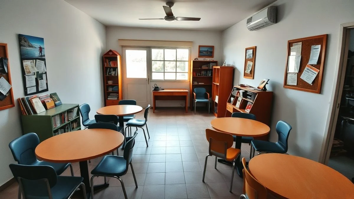 Imagen ilustrativa: sala de actividades para mayores con mesas y tablón de anuncios, sin personas.