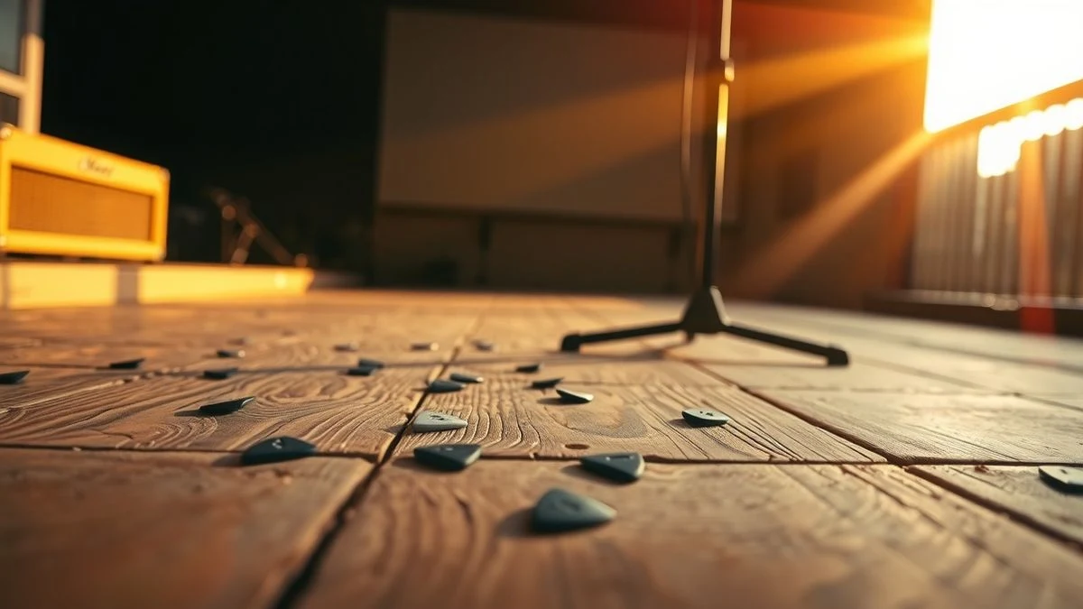 Imagen ilustrativa: un escenario de madera con un micrófono y púas de guitarra al atardecer