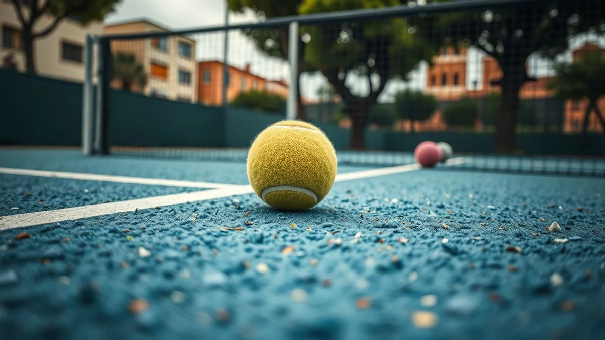 Imagen ilustrativa: una bola de pádel sobre el césped artificial de una pista, con la malla metálica de fondo