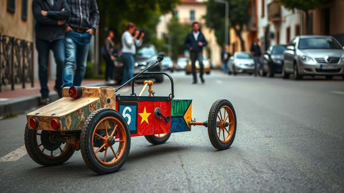 Imagen ilustrativa: un auto loco artesanal de tres ruedas en una calle de un pueblo español, con espectadores de fondo