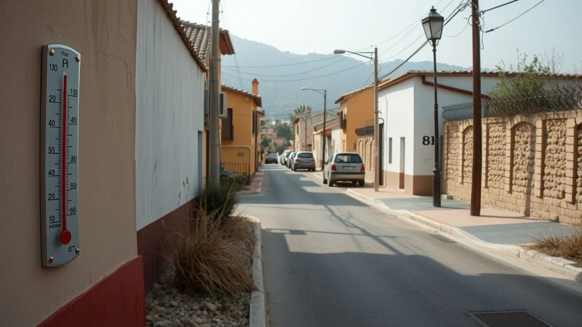 Illustrative image: an empty street in a mountain village with a thermometer on the wall under the sun