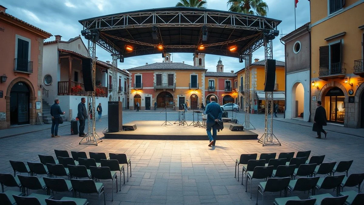 Imagen ilustrativa: una plaza española con un escenario vacío preparado para un concierto, con sillas y luces decorativas.