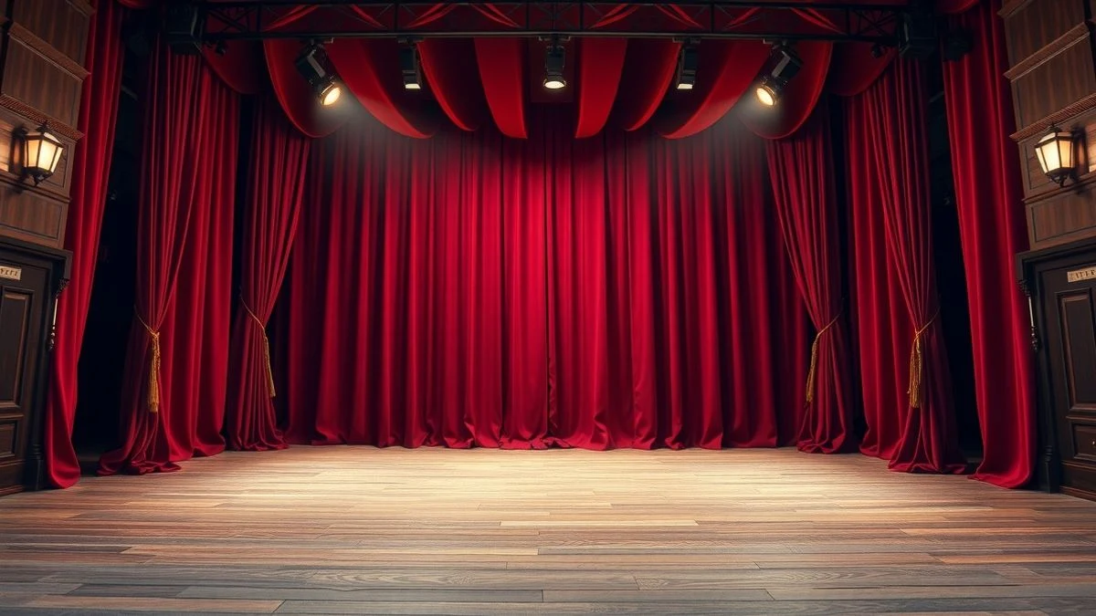 Imagen ilustrativa: un escenario teatral vacío con cortinas rojas y luces cálidas, sin personas visibles.