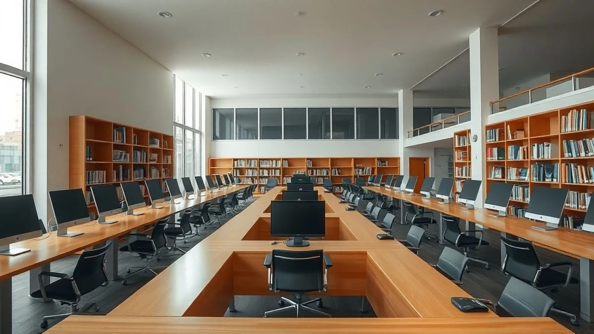 Imagen ilustrativa: interior de una biblioteca pública con ordenadores de libre acceso y luz natural.