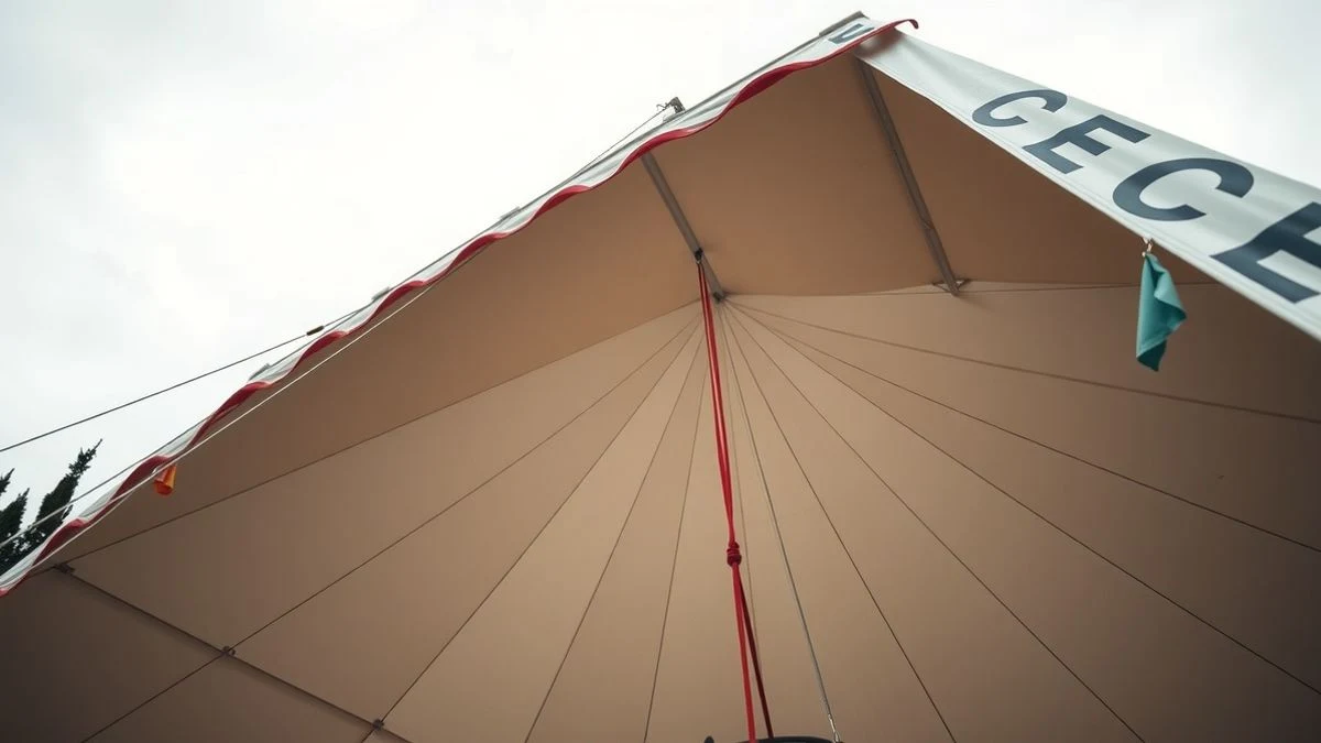 Imagen ilustrativa: una carpa de circo genérica vista desde el suelo con el cielo de fondo