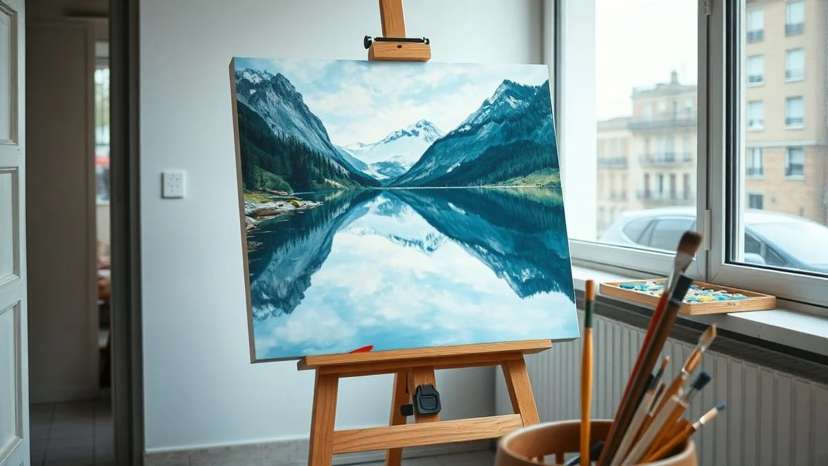 Imagen ilustrativa: un caballete con un óleo de un lago de montaña junto a una ventana luminosa.