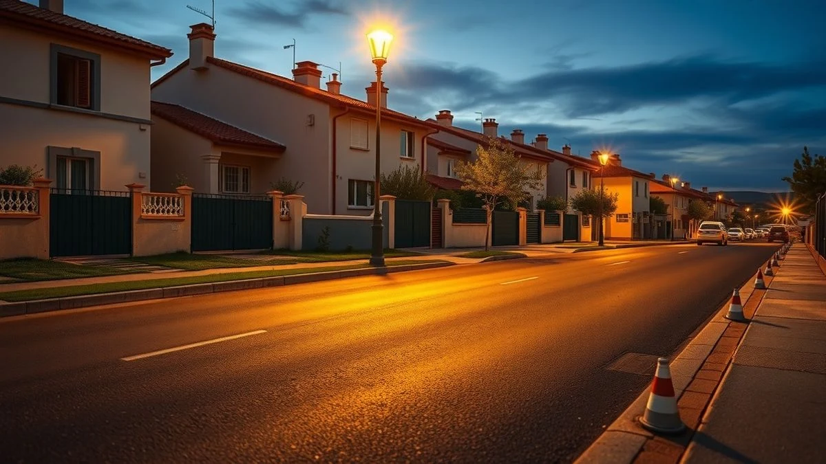 Imagen ilustrativa: una calle residencial con asfalto nuevo y una farola encendida al atardecer