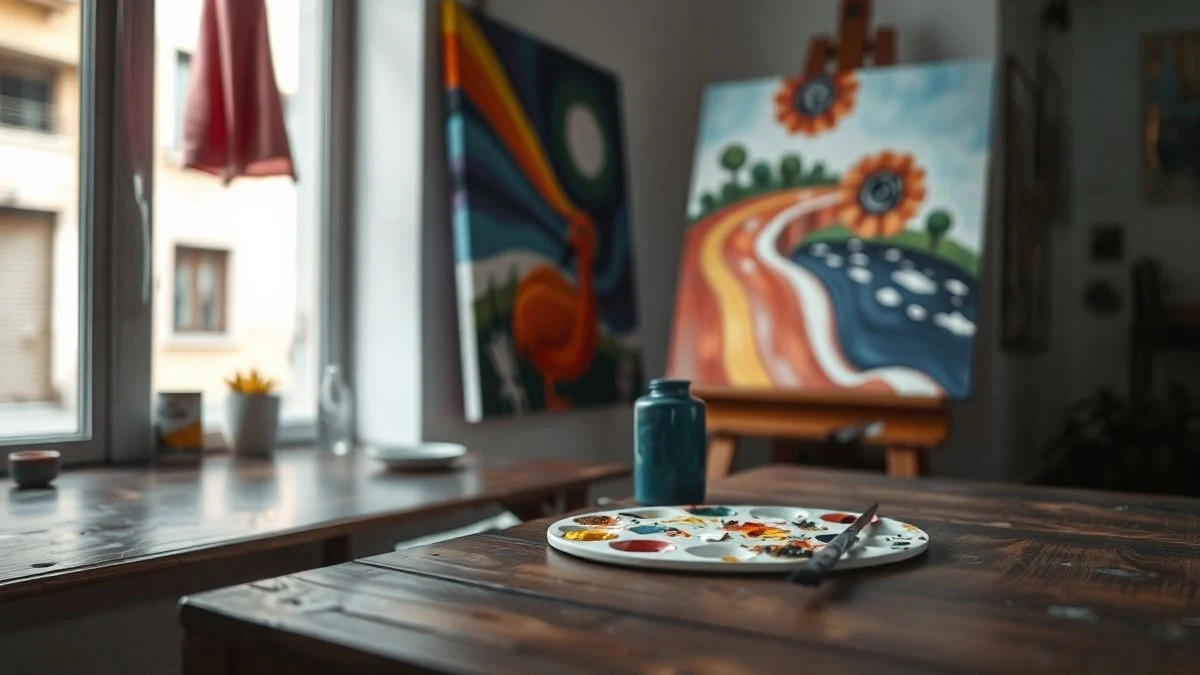 Imagen ilustrativa: pincel y paleta de pintor sobre una mesa de madera en un estudio de arte con luz natural
