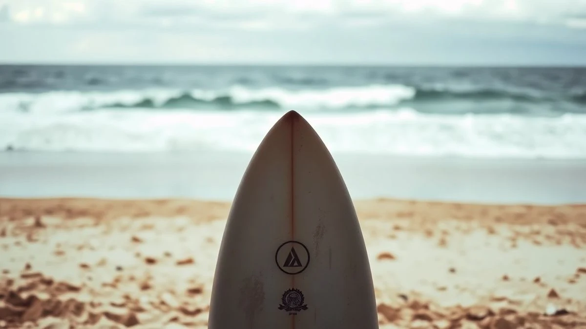 Illustrative image: a surfboard resting on the sand of a beach with the sea in the background