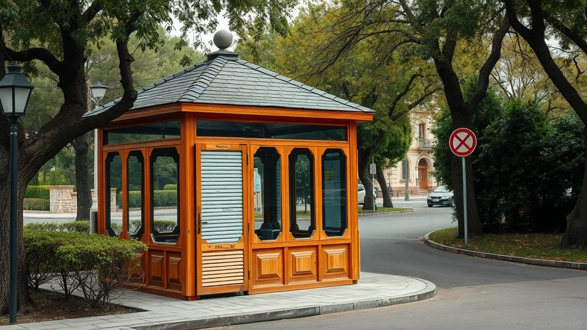 Illustrative image: a closed municipal kiosk in a park with trees and paths.