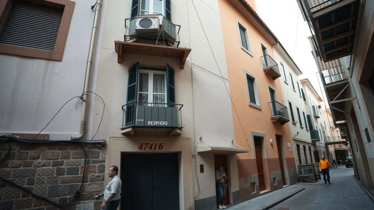 Illustrative image: facade of an old building with scaffolding on a street in Aranjuez, with cloudy daylight.