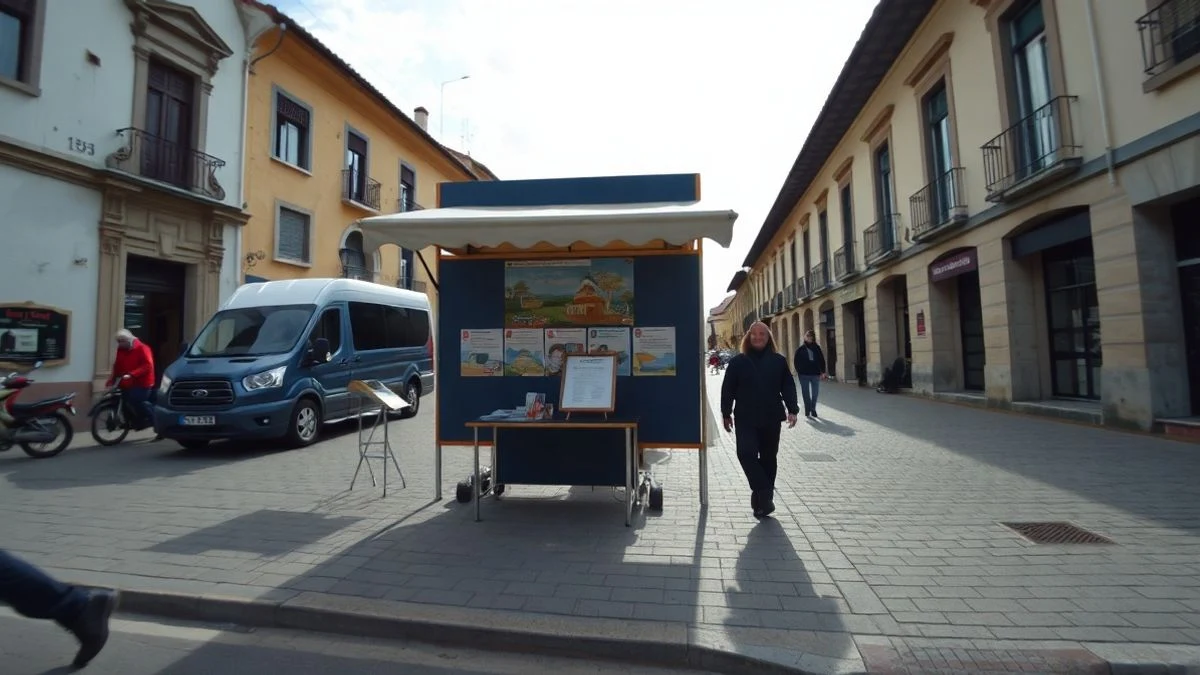 Imagen ilustrativa: caseta informativa en una plaza con folletos y sombras al atardecer