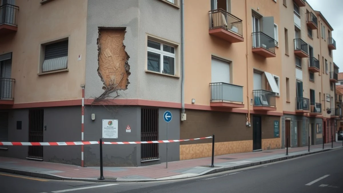 Imagen ilustrativa: fachada de un edificio de viviendas con grietas y cinta de seguridad en una calle de un municipio español.