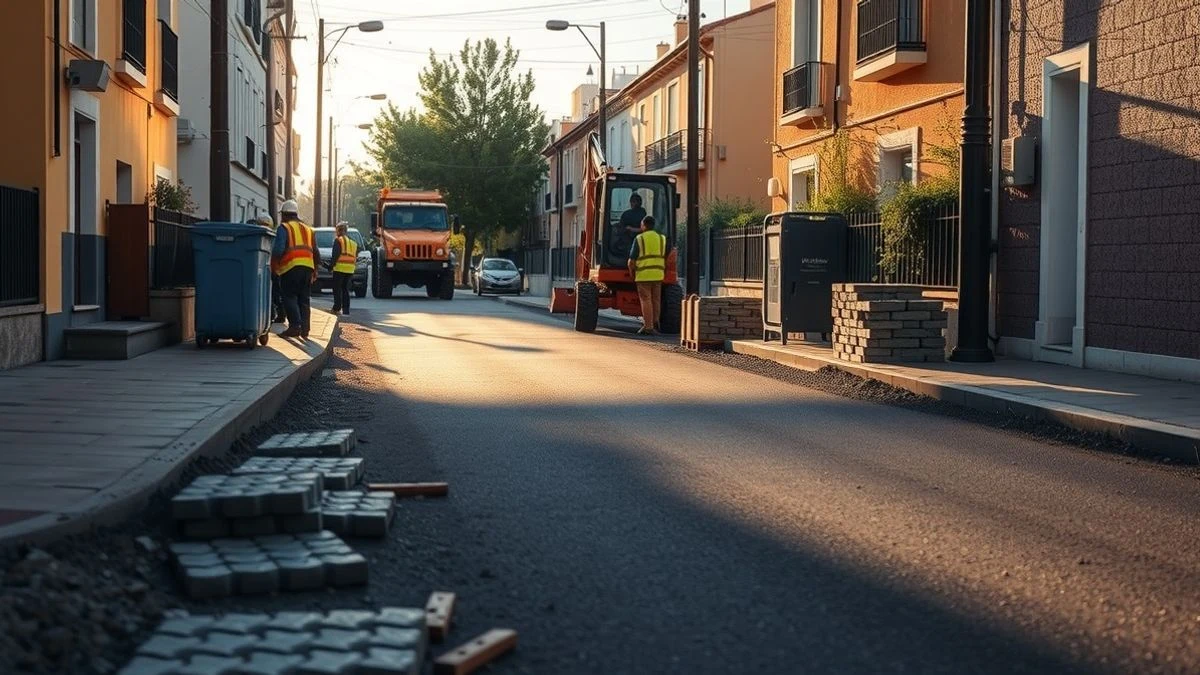 Imagen ilustrativa: calle española en obras con asfalto nuevo y materiales apilados, al atardecer.