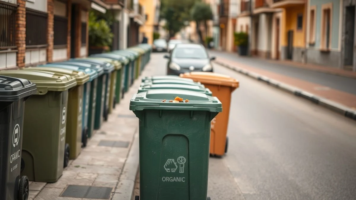 Imagen ilustrativa: contenedores de reciclaje en una calle residencial, uno con restos orgánicos visibles.