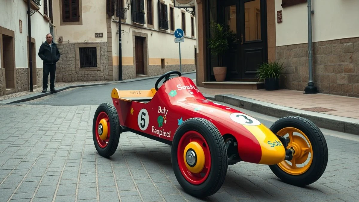Illustrative image: a colourful handmade racing car parked on a sloped street in a Spanish village.