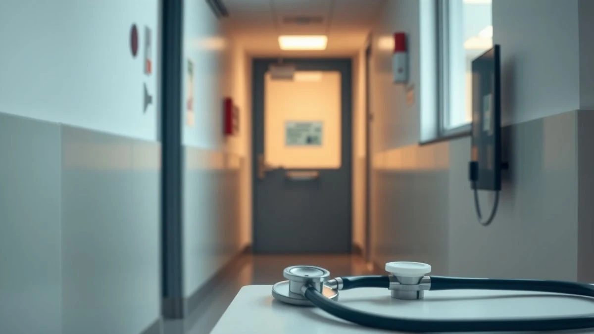 Imagen ilustrativa: pasillo de un centro de salud con luz natural y un fonendoscopio en primer plano