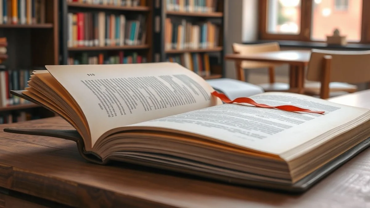Imagen ilustrativa: un libro antiguo con un marcapáginas sobre una mesa de madera en una biblioteca, con estanterías al fondo.