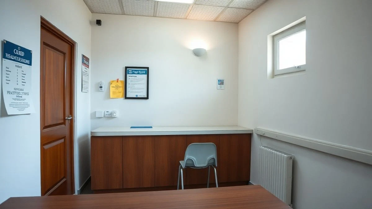Imagen ilustrativa: sala de espera de un consultorio rural vacía, con luz natural entrando por una ventana lateral
