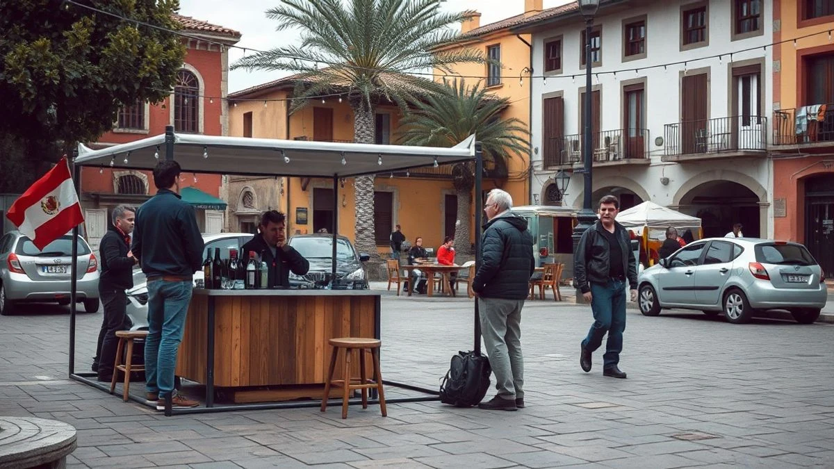 Imagen ilustrativa: una barra de bar montada en una plaza de pueblo durante unas fiestas, con luces y decoración.