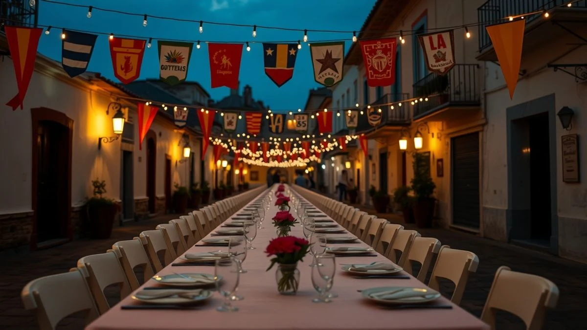 Imagen ilustrativa: calle de un pueblo engalanada con luces y una mesa larga preparada para una cena popular al atardecer.