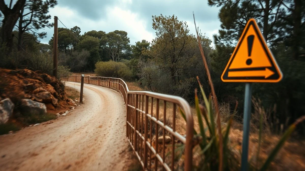 Imagen ilustrativa: un camino forestal seco con un cartel de peligro de incendios y una barrera metálica al fondo.