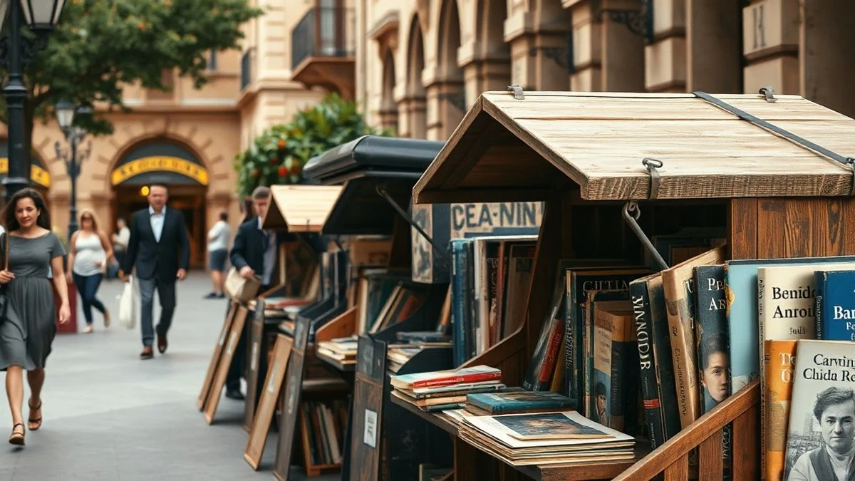 Imagen ilustrativa: casetas de libros antiguos en una plaza con gente curioseando de fondo