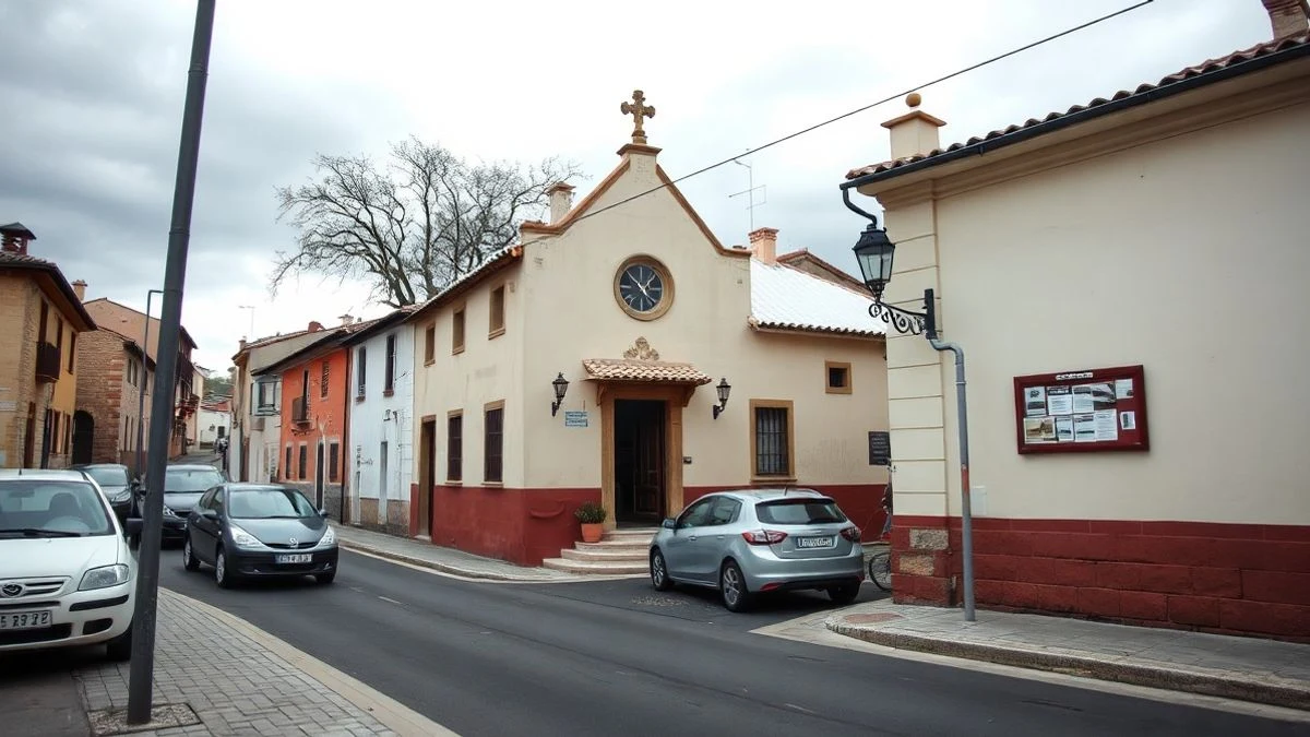 Imagen ilustrativa: calle de un pueblo con un edificio consistorial y un tablón de anuncios al fondo