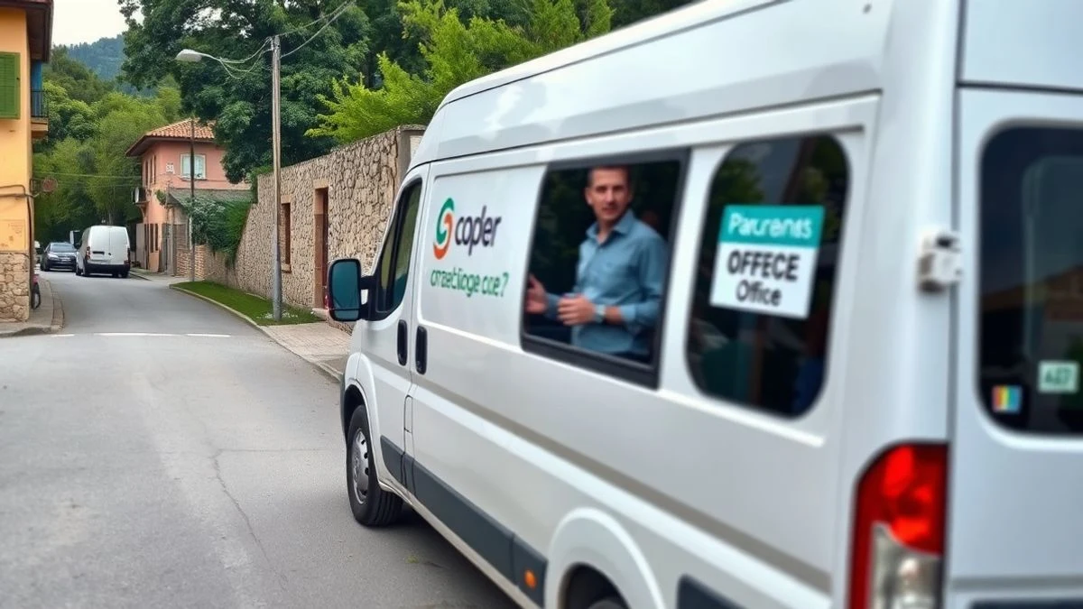 Imagen ilustrativa: una furgoneta de oficina móvil aparcada en una calle rural de un pueblo español, con personas esperando de espaldas.
