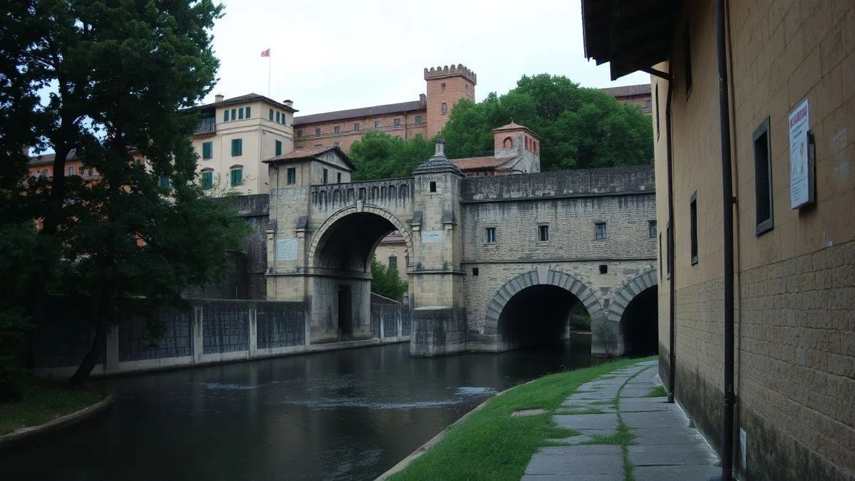 Imagen ilustrativa: un antiguo molino de ladrillo junto a un puente de piedra sobre un río, con vegetación y un edificio palaciego al fondo