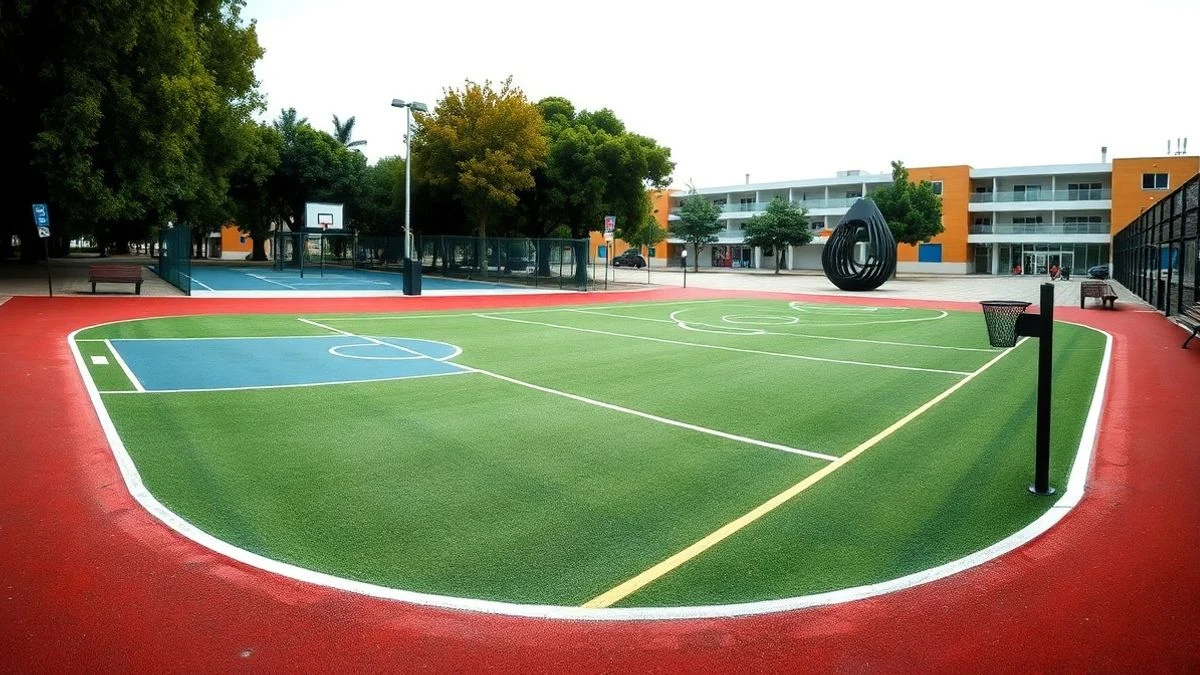 Imagen ilustrativa: vista de una pista deportiva moderna con una escultura abstracta al fondo en un parque urbano