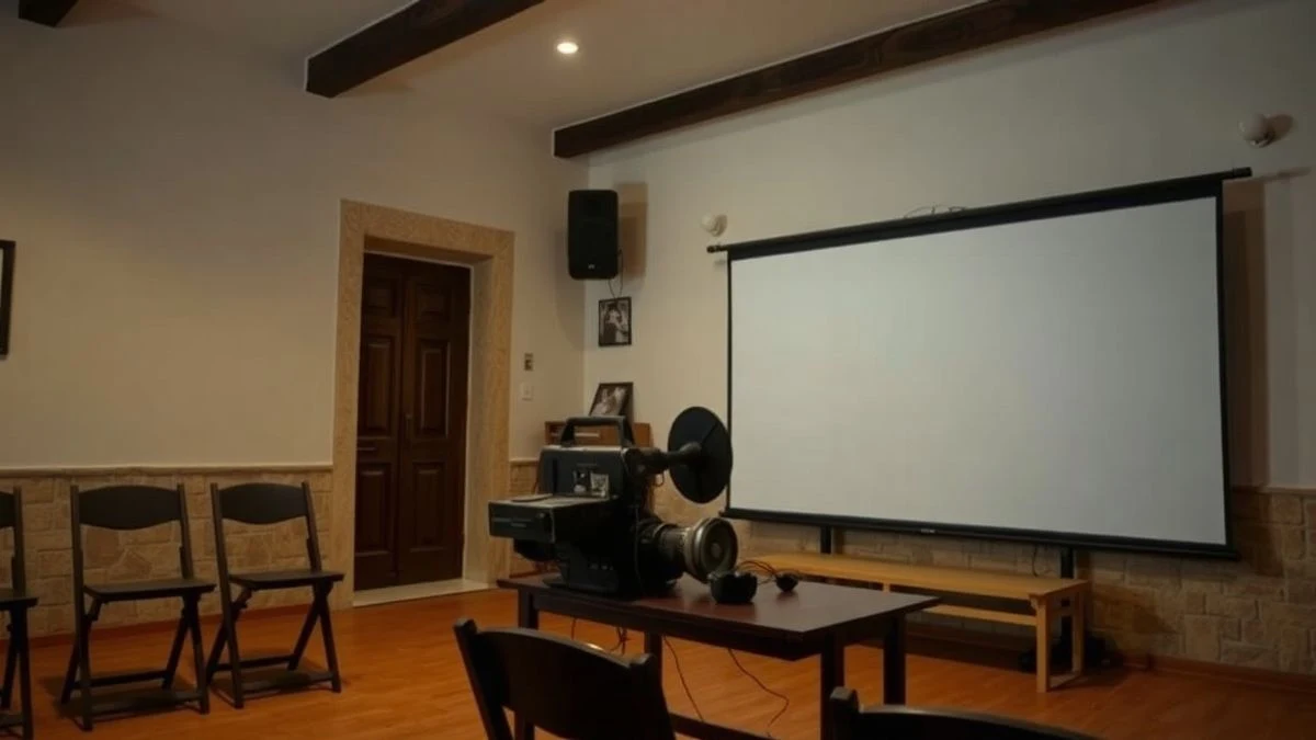 Imagen ilustrativa: sala de proyección con pantalla y sillas vacías en un centro cultural